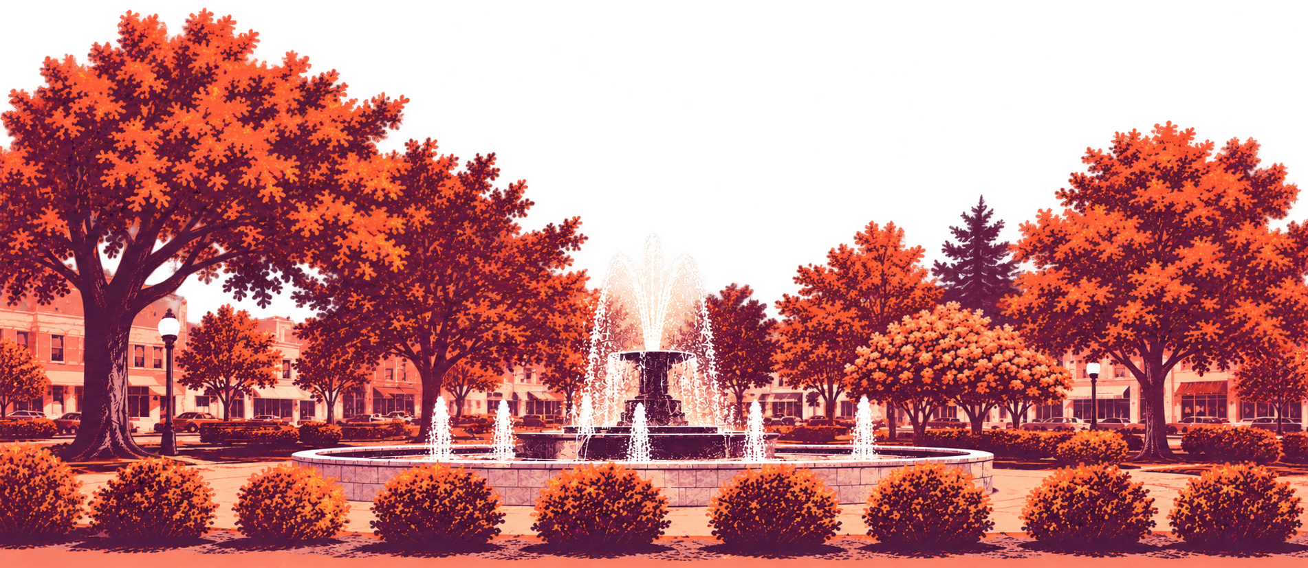 An autumn illustration of the Kellogg Park fountain in Plymouth