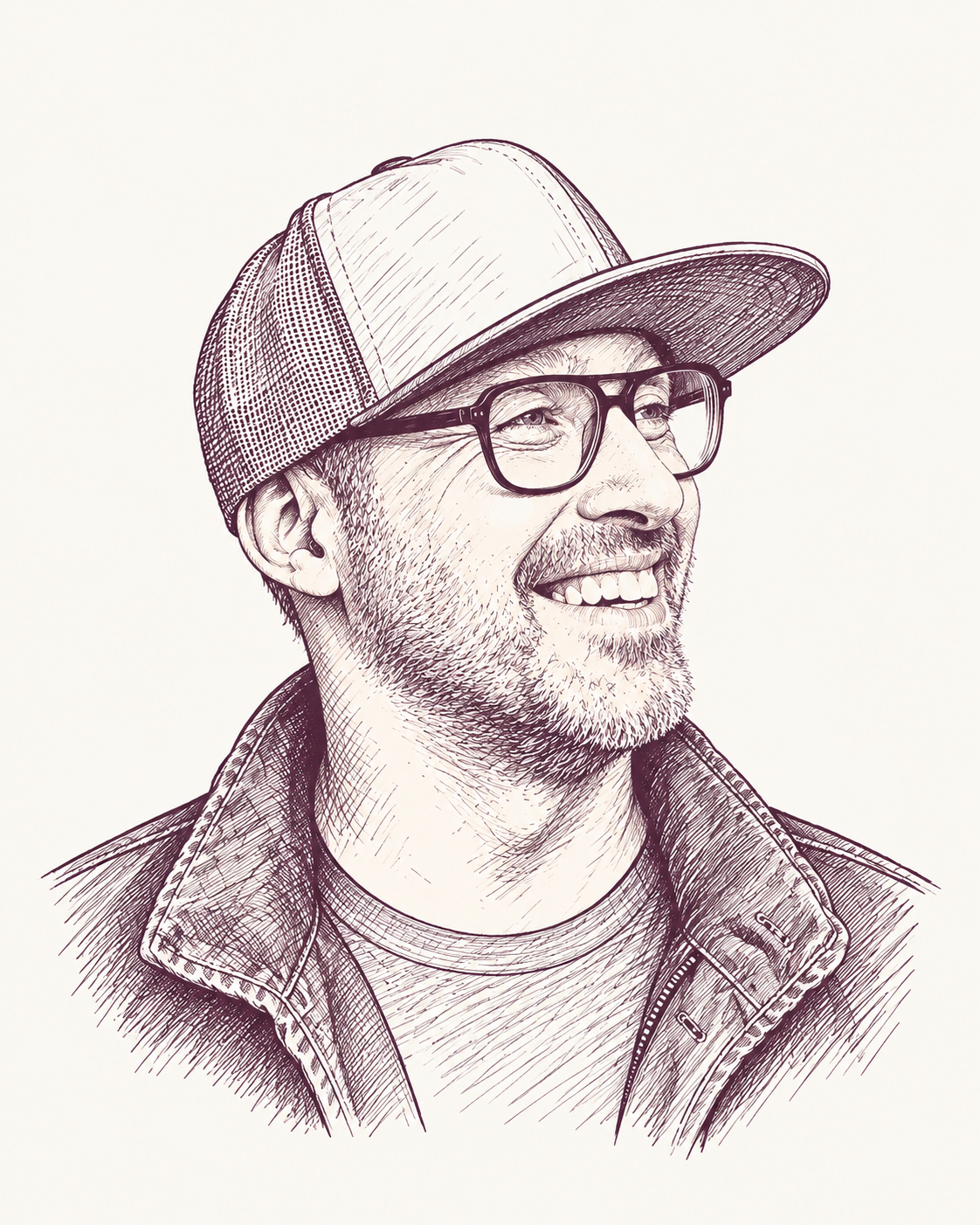 An ink illustration of Sean in a cap and glasses